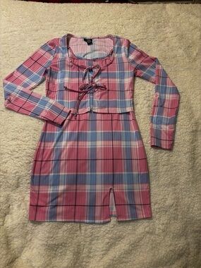 Pink Plaid Dress & cardigan 2121